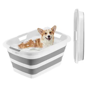 VEVOR Collapsible Dog Bathtub, Pet Grooming Supplies Bathing Wash Shower Station, Portable Space-Saving Stable Support, Built-In Drainage Hole for Small Dogs & Cats, Gray White