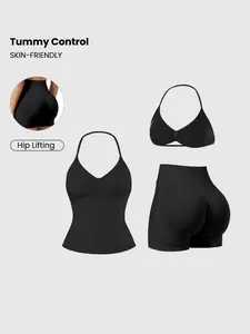 Women's Sports Yoga Set with Padded Bra, Gym Shorts, and Sporty Tank Top, 3 Piece Set for Fitness Training, Fitness Sport Outfits, Sportswear for Gym, Stretchable Activewear, All Seasons