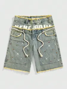 Shiny Rhinestone Jean Shorts, Loose-Fit Street Style Jeans, Cotton Ripped Denim, Summer Fashion, Hip-Hop Trendy