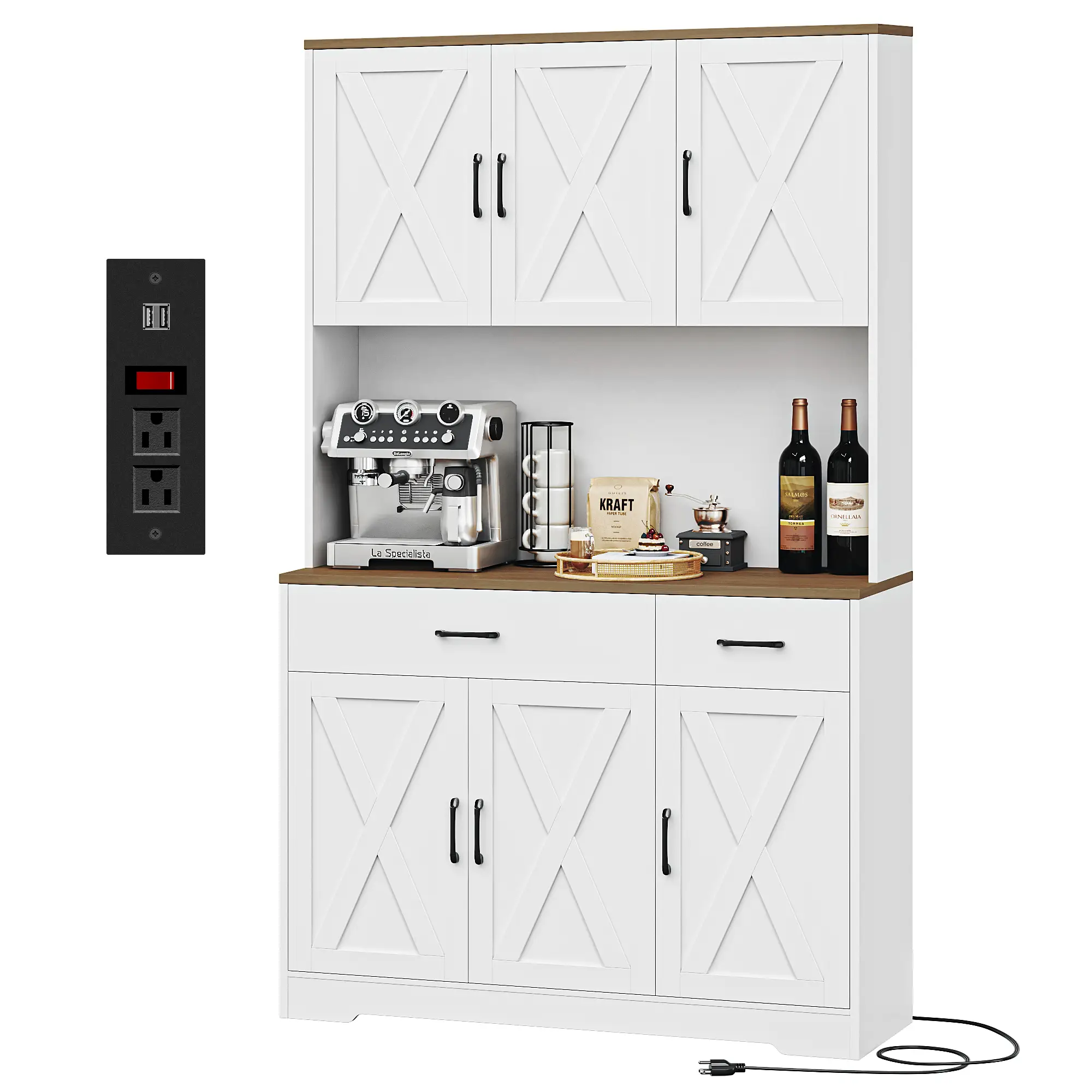 HOSTACK 71" Tall Kitchen Pantry Storage Cabinet, Coffee Bar Cabinet with Charging Station, Microwave Stand, Storage Drawers, Adjustable Shelves, 6 Do