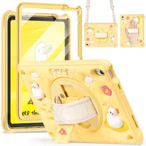 Case for iPad (A16) 11th/10th Generation Case for Kids Cute Yellow 10.9 Inch 2025 2022, Rugged Design with Screen Protector, Cartoon Kawaii Duck Cover with 360 Stand & Strap Hangs in Car Airplane