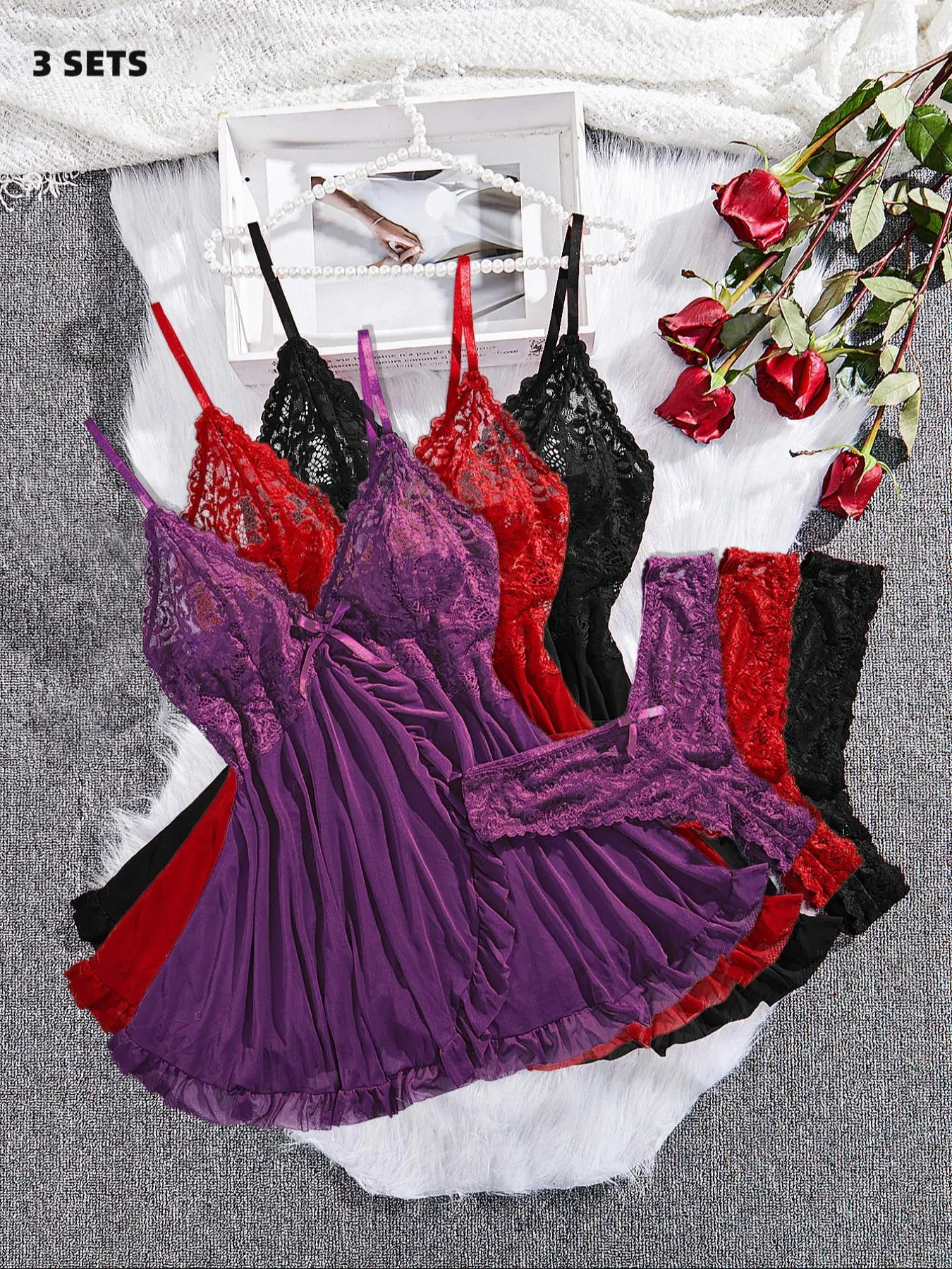 Women's Solid Color Ruffle Trim Cami Nightdress & Thong Sexy Casual Comfy Lingerie Set, Romantic Comfy Breathable Nightgown & Panty Set, Ladies Sleepwear for All Seasons Lingerie Nightwear