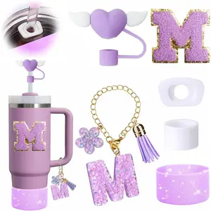 Stanley Cup Accessories Set for 30oz & 40oz Tumbler with Handle, 6PCS Including Silicone Straw Topper Cover Cap, Boot, Spill Proof Stopper, Handle Charm, and Initials Sticker (Letter M)