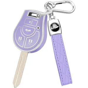 for Nissan Key Fob Cover,TPU 360°Full Coverage,Fit for Rogue Sentra Altima Versa Armada Cube NV Infiniti FX35 Key Car Accessories Holder (Purple, Silver Border)