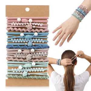 Boho Hair Ties for Women, Soft Braided Elastic Bracelets, No-Pull No-Damage Ponytail Holders for Thick Thin Long Curly Hair -20 Pcs, Dark Brown Hair Accessories Set Beads