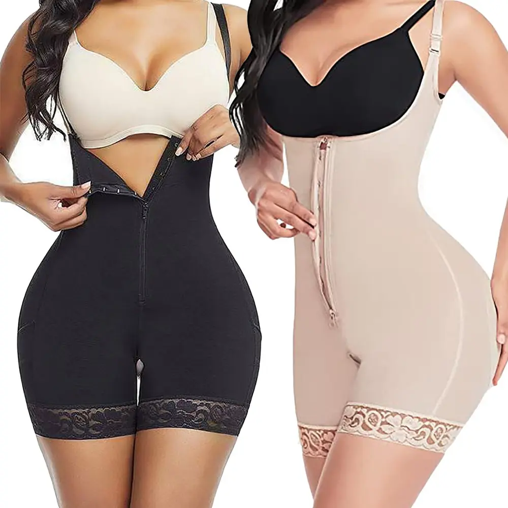 Women's Full Body Shapewear Bodysuit Front Zipper Tummy Control Butt Lift Compression Shorts with Adjustable Straps Postpartum Body Shaper