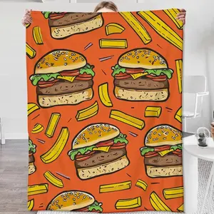 Cheesy Burger & Cucumber Cartoon Flannel Throw Blanket | Fast Food Funny Burger Lover Cozy Lightweight Bed Sofa Blanket Gift