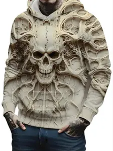 Men's Casual Skull Print Long Sleeve Hoodie, Fall & Winter Graphic Knit Sweatshirt with Kangaroo Pocket, Comfortable Loose Fit Fashion Top