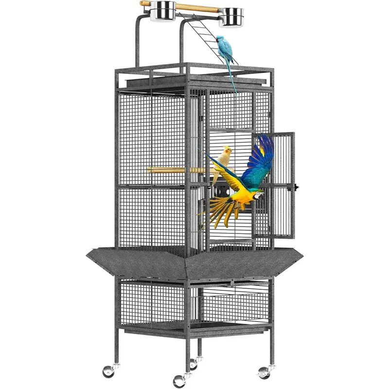 61-Inch Large Bird Cage, Rooftop Playground & Rolling Wheels, Wrought Iron Parrot Cage for Cockatoos, Macaws, Conures, Includes Feeding Accessories, Indoor/Outdoor Use, Dark Grey