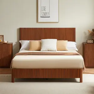 Queen Size Wooden corrugated curved lines,No Box Spring Needed, Walnut.