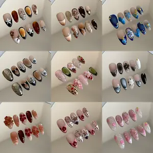 [WINTER COLLECTIONS] 3D FLOWER HANDMADE PRESS ON NAILS 10PCS/SET ALMOND LONG COFFIN BROWN