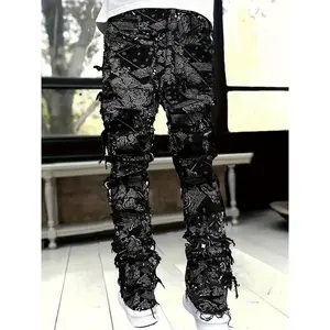 Men's Elastic Waist Straight-Leg Loose Fit Jeans with Red Paisley Print & Frayed Hem - Streetwear Style, Machine Washable, All-Season Comfort, Casual Streetwear