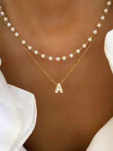 Pave Zirconia Initial Pendant Necklace, Stainless Steel Chain, Artificial Pearl Beads, Faux Pearl Jewelry, Trendy Simple Design, Perfect Gift for Women, Dainty Layering Jewelry, Dainty Initial Necklaces, Necklace Set