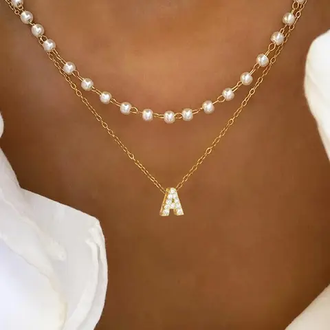 Pave Zirconia Initial Pendant Necklace, Stainless Steel Chain, Artificial Pearl Beads, Faux Pearl Jewelry, Dainty Fashion Jewelry, Perfect Gift for Women, Dainty Layering Jewelry, Dainty Initial Necklaces, Necklace Set