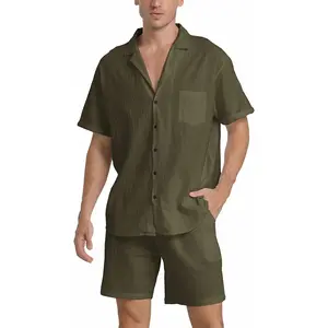 Men's Beach Linen 2-Piece Casual Button-Down Shirt and Shorts Set