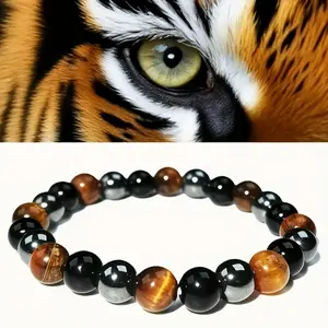 Women's 1-Pc 3-Strand 3-in-1 Tiger Eye Stackable Bracelet-Bangle, Unisex Bohemian Costume Jewelry with Chatoyant Glow, Metal Coating, Balance & Prosperity Symbol, Daily Wear Accessory