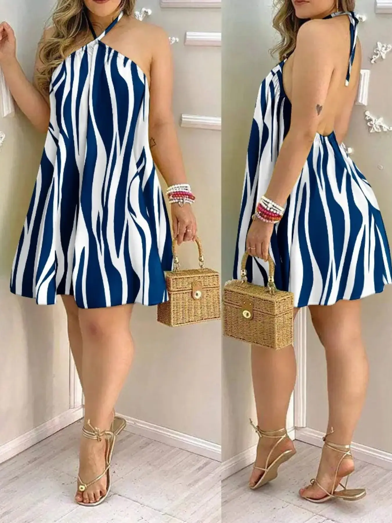 Women's Sexy Backless Halter Tie-Back Dress, Polyester Fabric, Bohemian Style, Summer Wear for Beach & Vacation, Sleeveless Dress, Summer Halter Neck