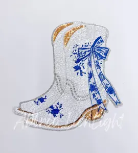 Blue Floral Bow White Boots Sequin Rhinestone Patch
