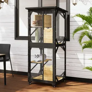 LEMBERI Cat House Outdoor Catio Cat Enclosures on Wheels, 71" Large Outside Patio Wooden Cat Cage Resting Box,Scratching Post, Waterproof Roof