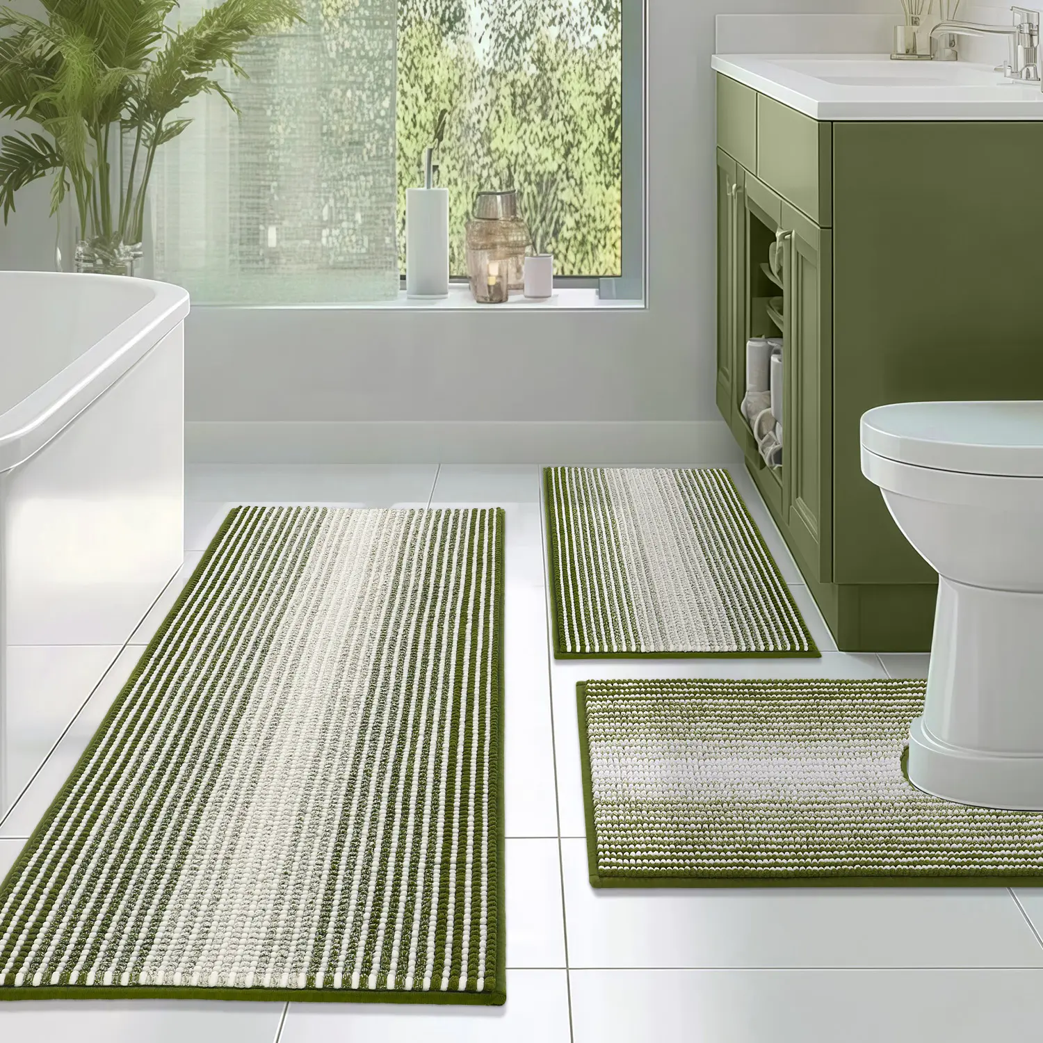 BSICPRO 3-Piece Striped Fluffy Bath Rug Set - U-Shaped Non-Slip Absorbent Chenille Toilet Mats for Bathroom, Laundry, Wrinkle Resistant, Pet Friendly Multi Sizes & Colors Home Decor Essentials, Bathroom Accessories