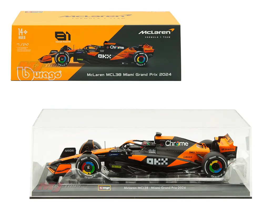 Bburago 1:24 McLaren Formula 1 Team MCL38 Miami Grand Prix 2024 #81 Oscar Piastri with Acrylic Case