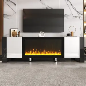 Fireplace TV Stand with 34" Electric Fireplace, High Gloss Entertainment Center with Storage Cabinet, Modern TV Console Media Cabinet for TVs Up to 75", White