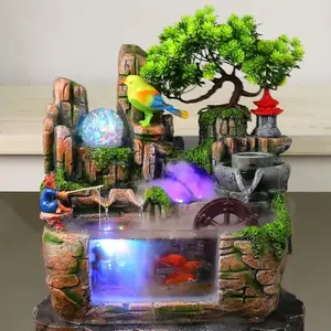 Indoor Fountain Waterfall Fountains, Tabletop Water Rockery Fountain Indoor Chinese Fengshui Mini Resin Waterfall Rockery Water Fountain with Crystal Ball for Home Office Bedroom Desk Decoration Ornaments