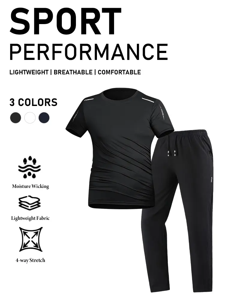 Men's Reflective Sports Shirt & 4-Way Stretch Athletic Pants Set, Men's Sports Sweat Suit for Fitness Activities