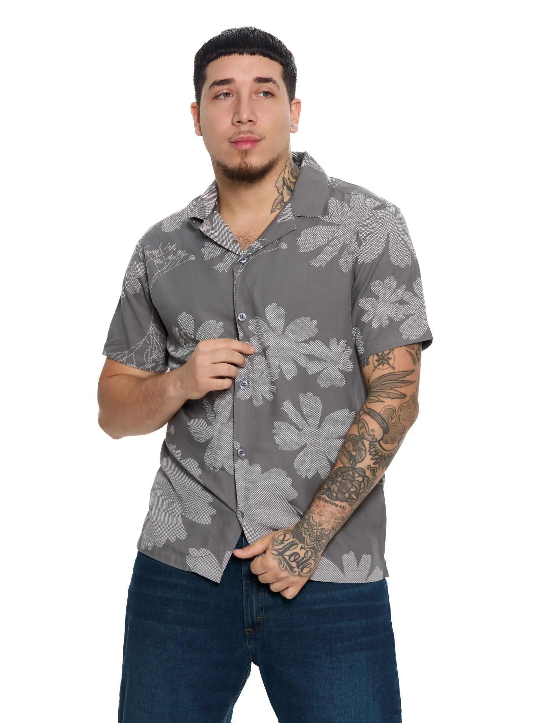 T&3s Azure Bloom Cuban Collar Viscose Shirt - Carbon Gray Floral