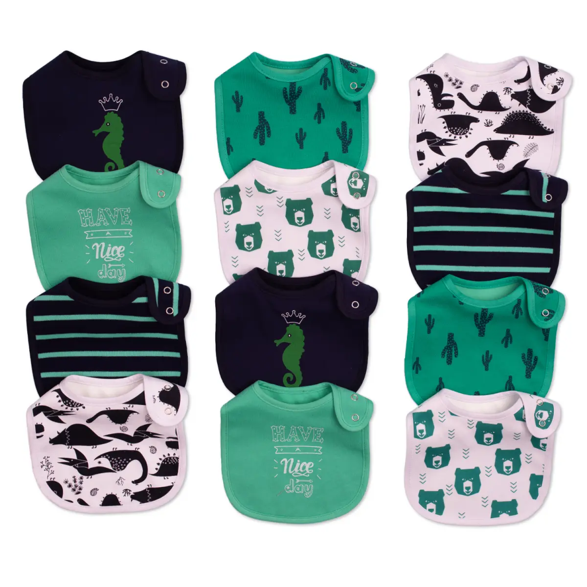 12-Pack Waterproof Baby Bibs for Boys & Girls, Cartoon Print Feeding Bib Set with Adjustable Snaps, Leakproof Drool & Teething Bibs for Newborns & Toddlers
