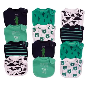 12-Pack Waterproof Baby Bibs for Boys & Girls, Cartoon Print Feeding Bib Set with Adjustable Snaps, Leakproof Drool & Teething Bibs for Newborns & Toddlers