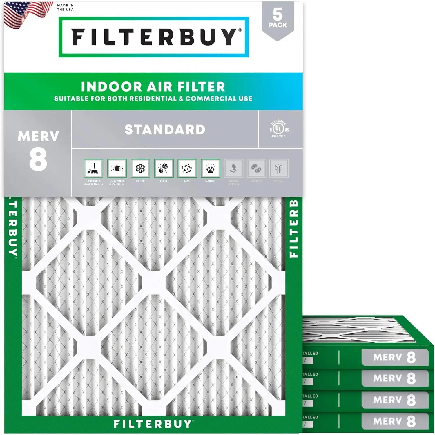 Filterbuy Rectangular 21x23.5x1 In Air Filter (5-Pack), Pleated MERV 8 Dust Defense for HVAC Systems AC Furnace (Actual Size: 21.00x23.50x1.00 In)