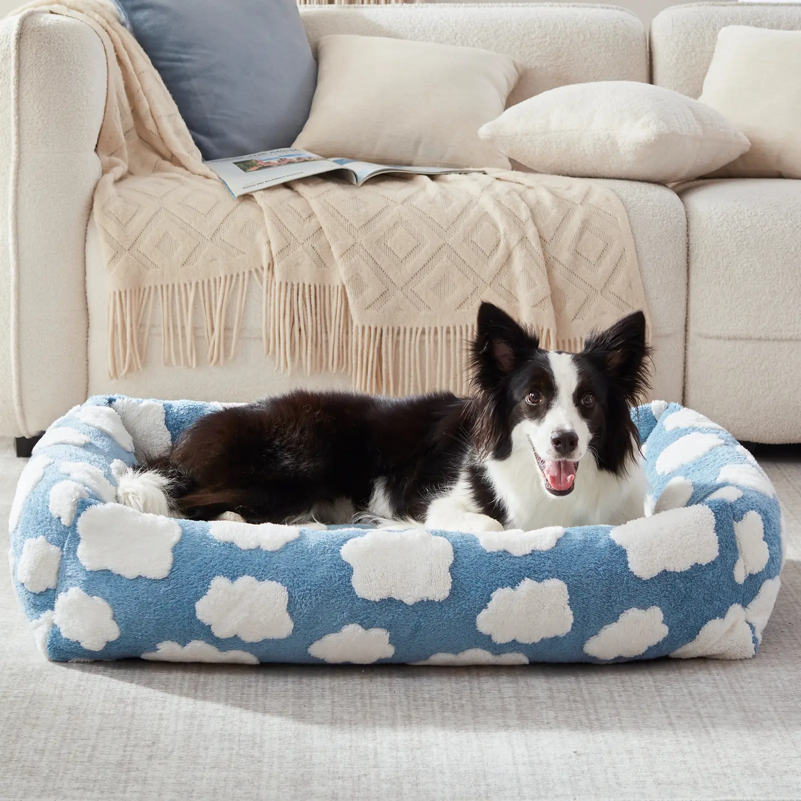 Soft fluffy Pet bed Removable Cover Orthopedic Rectangle Washable Anti-Slip Bottom Dog&Cat Bed for Small Medium Large Dogs&Cats Dog Products Comfortable Cute Cloud Pet Supplies