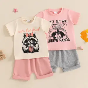 Baby Girls' 2-Piece Summer Gift Set - Raccoon Letter Print Short-Sleeve T-Shirt, Elastic Shorts, Cartoon Casual Playful Gift Set for Toddlers, Cartoon Gift Sets