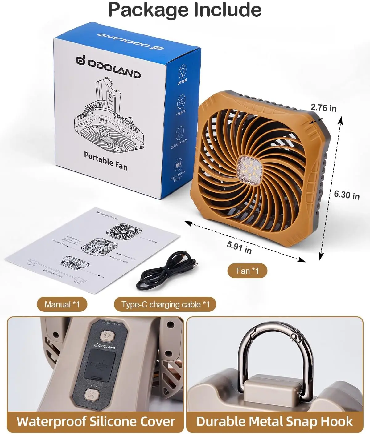 Odoland 2-in-1 Portable Camping Fan with LED Lantern, 40H Battery Life, Quiet Rechargeable Tent Fan for Outdoor & Emergency