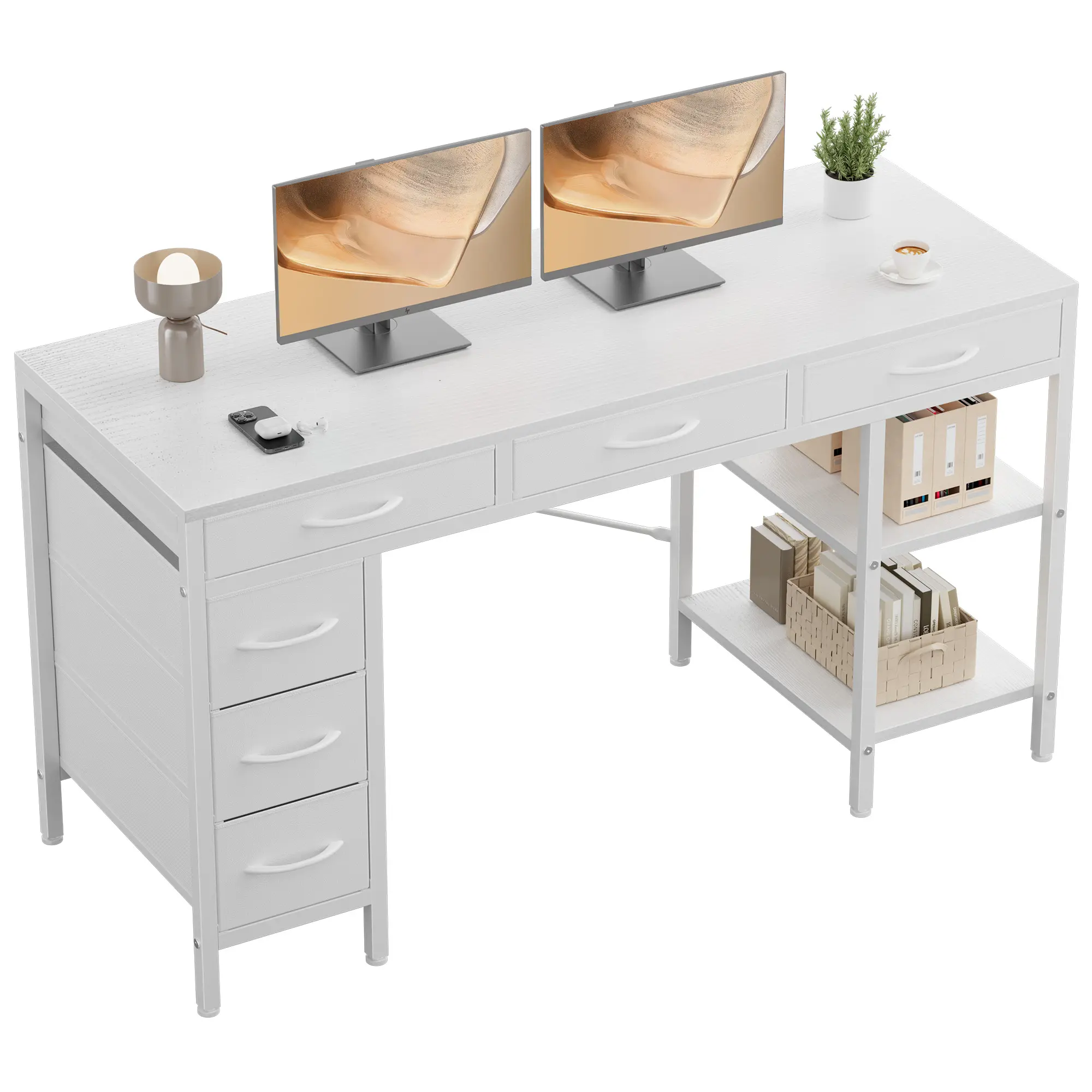 Modern 6-Drawer Computer Desk with Storage Shelves - Home Office Gaming Desk for Bedroom, Study Corner Work Table, Gaming Desks