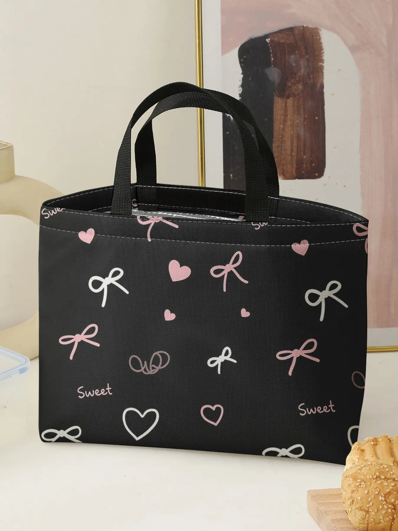 Heart Bow Handbag Lunch Bag, Women's Casual Shoulder Bag, Portable Lunch Bag, Large Capacity Picnic Food Drink Bag, Valentine's Day Gift, Lunch Bag Tote Bag, Lunch Bags Women, Lunch Box Bag