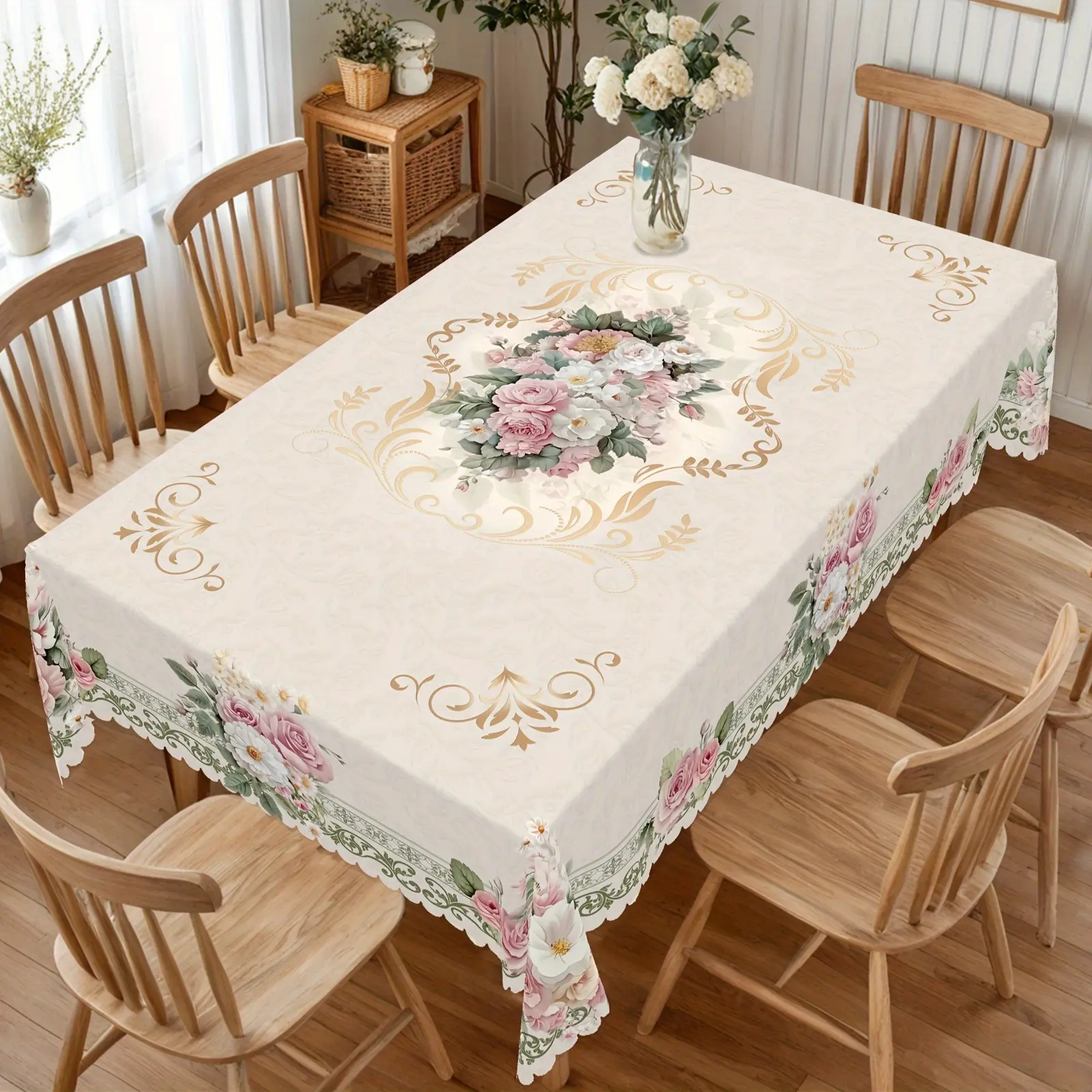 1pc French Vintage Rose & Daisy print Tablecloth - Elegant / with Roses & Daisies, Machine-Made Rectangular/Possibly Round Suitable for Valentine's Day, Weddings, Birthdays, Kitchen & Dining Table Cover - Fabric for Indoor/Outdoor Use