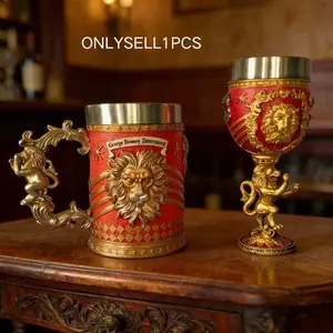Gold Lion King Handle Cup, Vintage Beer Mug, Stainless Steel Tall Glass, Resin Craft Ornament, Shop Desk Wine Cabinet Decor