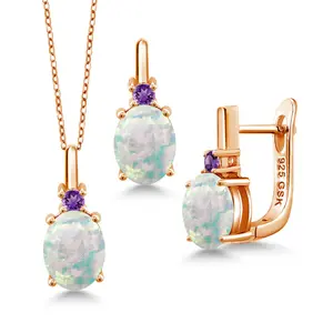 Gem Stone King Gemstone Birthstone and Purple Amethyst Pendant and Earrings Jewelry Set for Women in 18K Rose Gold Plated Silver | Oval 8X6MM and Round 2.5MM | With 18 Inch Chain