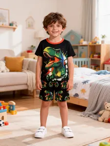 Boys' 2-Piece Short Set Digital Print Dinosaur Pattern, Casual Comfortable Home Sleepwear, Fitted H-Type, Cartoon Print Pajama, Pajama Set