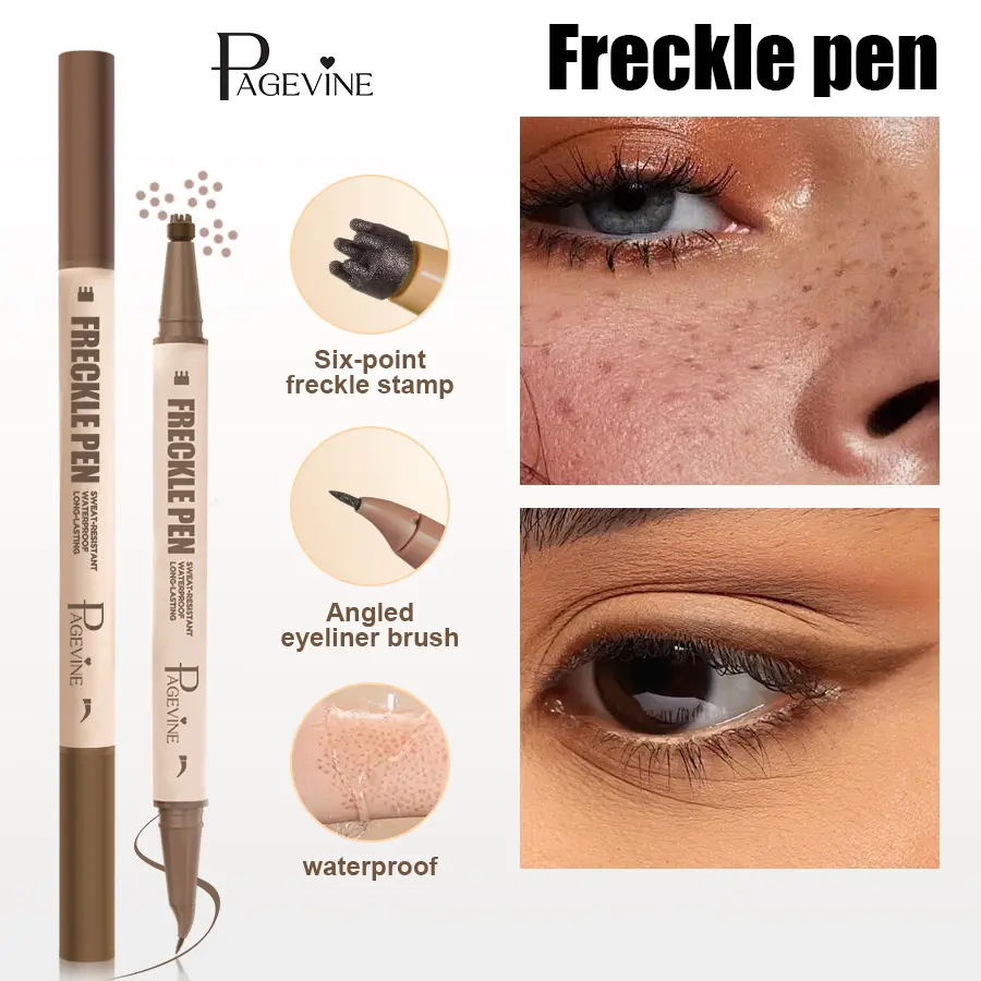 PAGE VINE Brown Dual-Ended Makeup Eyeliner & Pen - Alcohol-Free, Smooth Glide, Natural Look for Eyes/Freckles, Includes Stamp for Even Finish