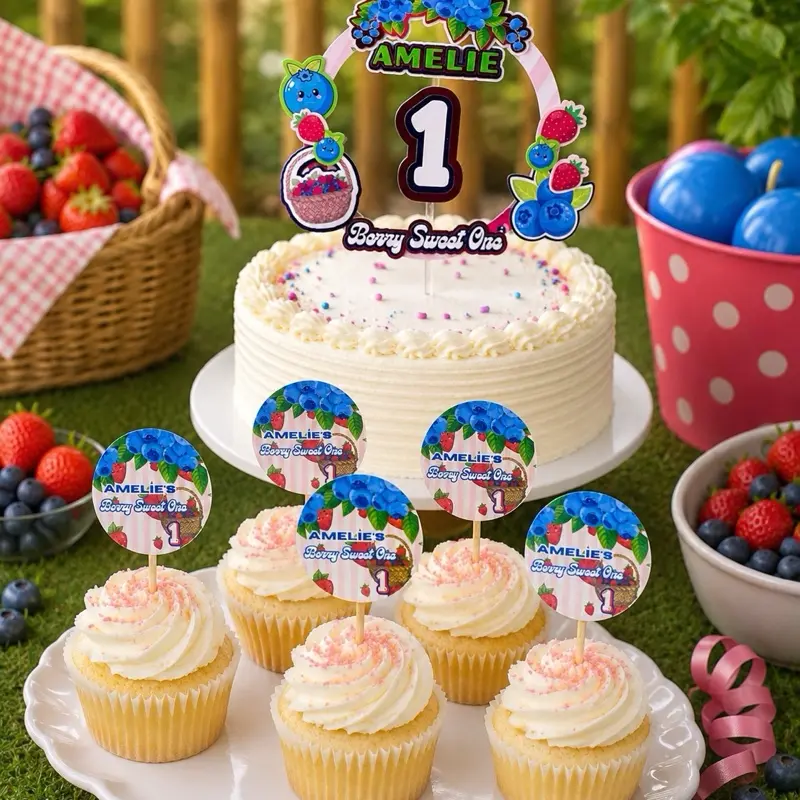 Personalized Fun Berry Sweet First Birthday Custom Cake Topper-Cupcake Party Bundle, Personalized Strawberry/Blueberry Topper, Single Cake Topper with Set of 12-24 Cupcake Toppers