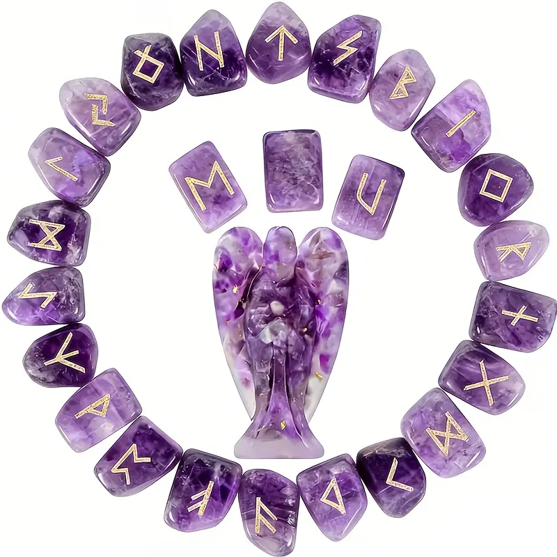 25pcs carved viking rune crystal stone with angel statue kit mirror polished natural crystal healing decor souvenir gift for halloween christmas valentine teacher appreciation