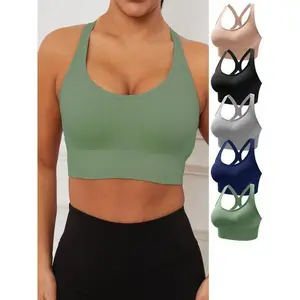Set of 5 solid seamless adjustable racerback sports bras, comfortable breathable push-up fitness bras, women’s lingerie and underwear