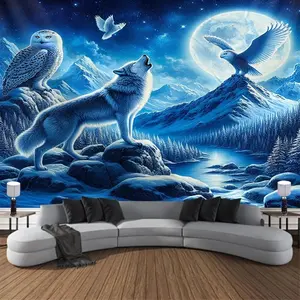 1 Sheet, Wolf and Owl Moonlight Tapestry - Polyester Woven Wall Hanging with Snow Mountain Scenery, Animal Themed Home Decor, No Electricity Required, Brushed Fabric