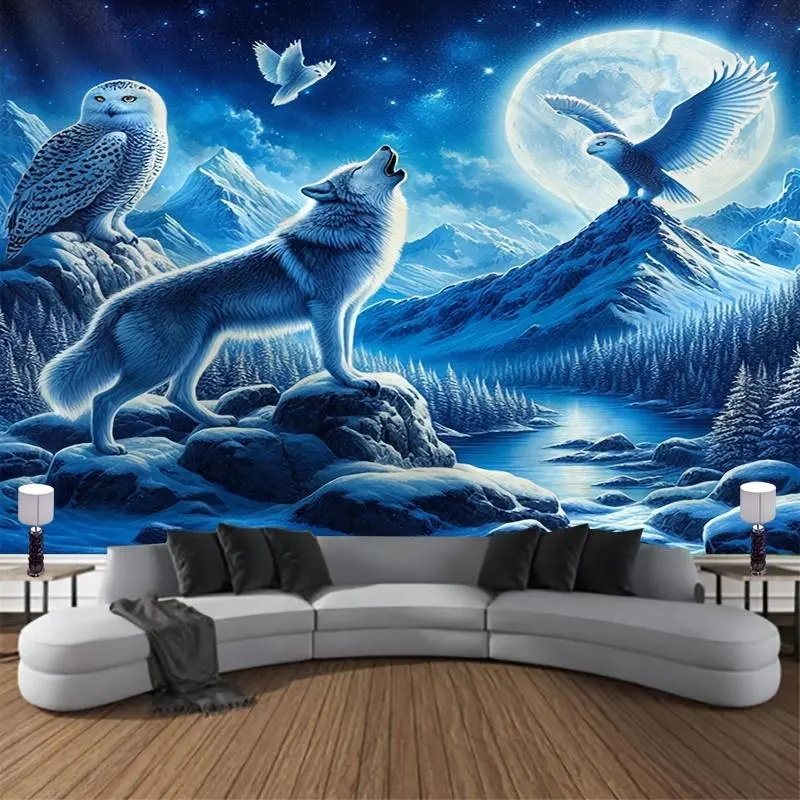 1 Sheet Wolf and Owl Moonlight Decorative Tapestry - Polyester Woven Wall Hanging with Snow Mountain Scenery, Animal Character Design, Bedroom Wall Decor, Tapestry Room Decor, Brushed Fabric Home Supplies (No Electricity Required), Size, Home Decor For Wa
