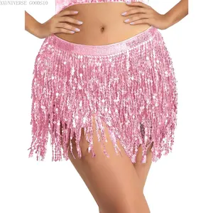 Sequin Tassel Skirt Belly Dance Hip Scarf Wrap Sparkly Tinsel Fringe Skirt Rave Festival Halloween for WomenXXUNIVERSE GOODS10