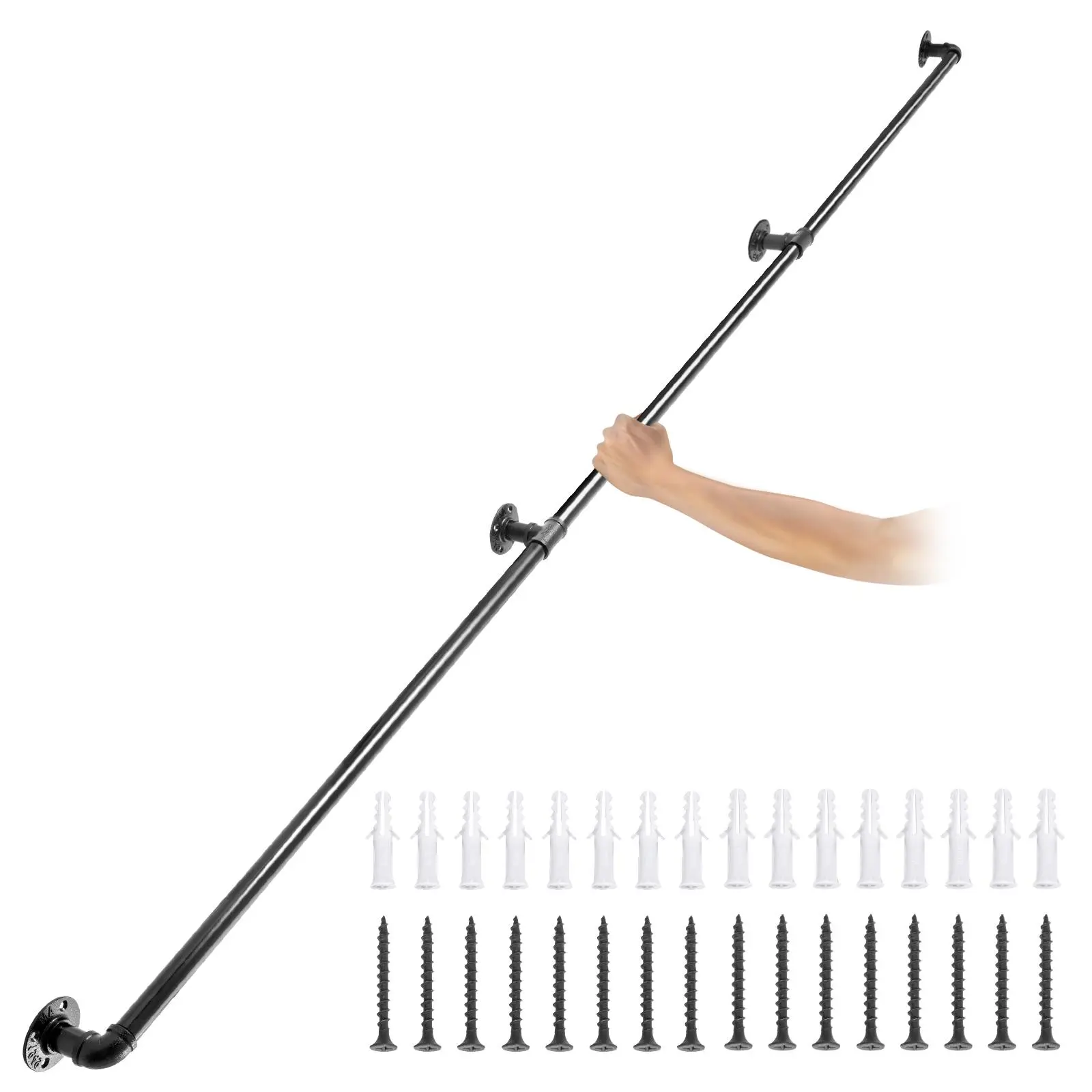 VEVOR Pipe Stair Handrail,  9FT Staircase Handrail, 440LBS Load Capacity Carbon Steel Pipe Handrail, Industrial Pipe Handrail with Wall Mount Support, Round Corner Wall Handrailings for Indoor, Outdoor