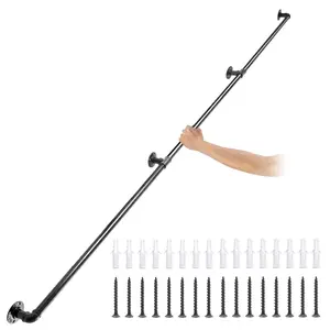 VEVOR Pipe Stair Handrail,  9FT Staircase Handrail, 440LBS Load Capacity Carbon Steel Pipe Handrail, Industrial Pipe Handrail with Wall Mount Support, Round Corner Wall Handrailings for Indoor, Outdoor